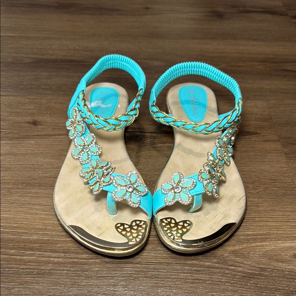 Atalina Sandals with Floral Rhinestone and Gold Embellishments. Size 10
